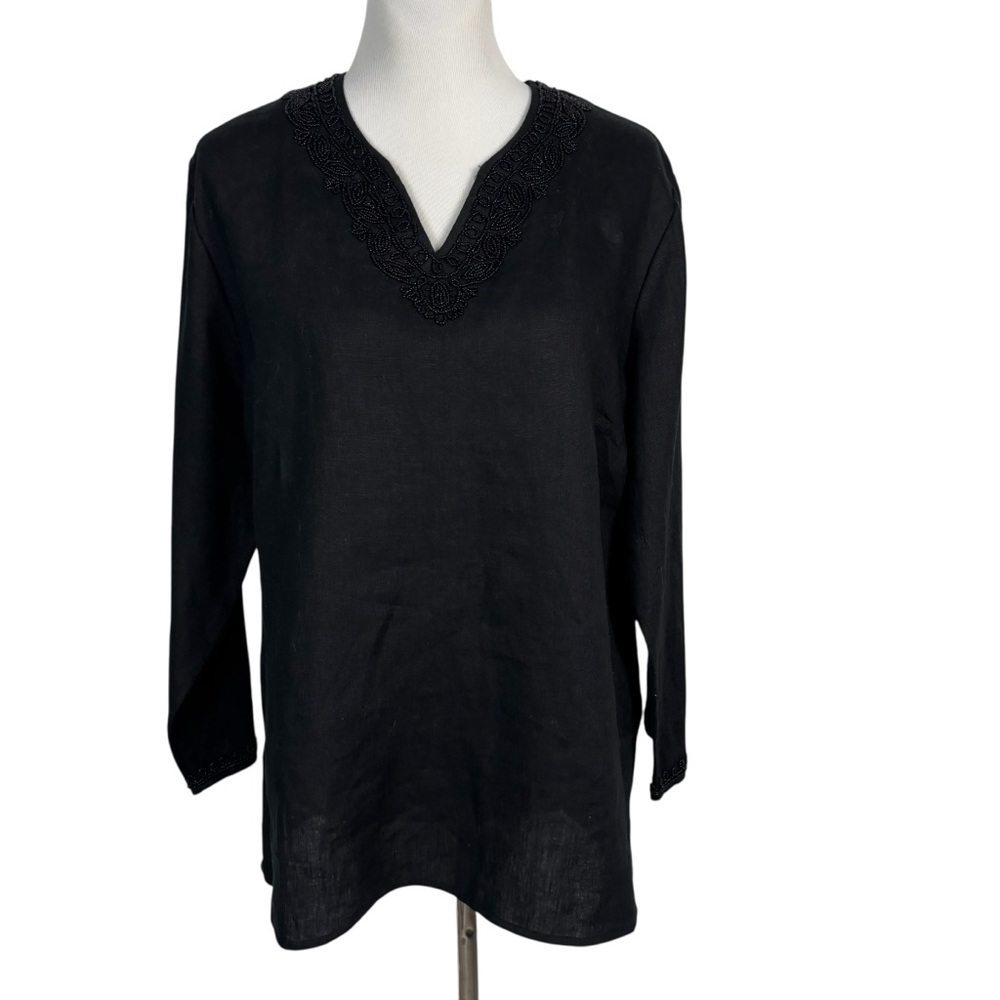 Laura Ashley Black 100% Linen 3/4 Sleeve Tunic Top Zip Small Bead Size L NWT